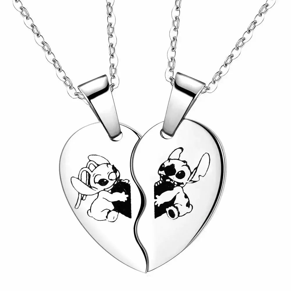 Cute Cartoon Stitch Couple Necklace Stainless Steel Heart Pendant Neck Chain Lovers Best Friends Jewelry Gift
