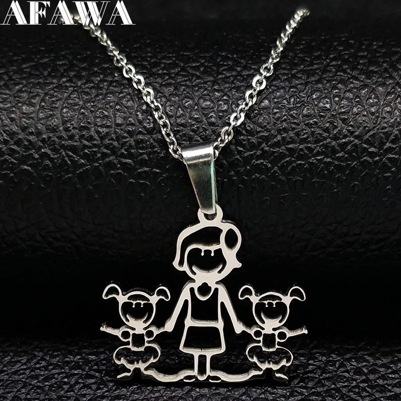 Stainless Steel Necklace Mama Family Necklaces Silver Color Love Boy Girl Pendant Jewelry Women Christmas Gift 355