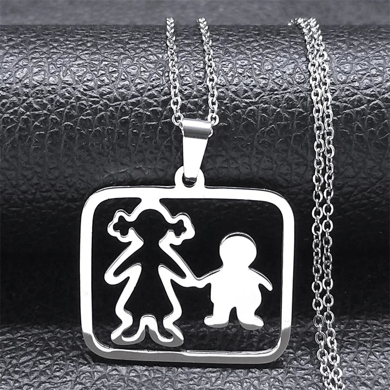 Stainless Steel Necklace Mama Family Necklaces Silver Color Love Boy Girl Pendant Jewelry Women Christmas Gift 355