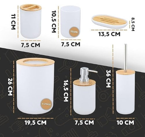 Kit Jogo Banheiro com 6 Peças Bambu com 15%OFF na Primeira Compra + Frete Grátis - 3 X Sem Juros Cartão