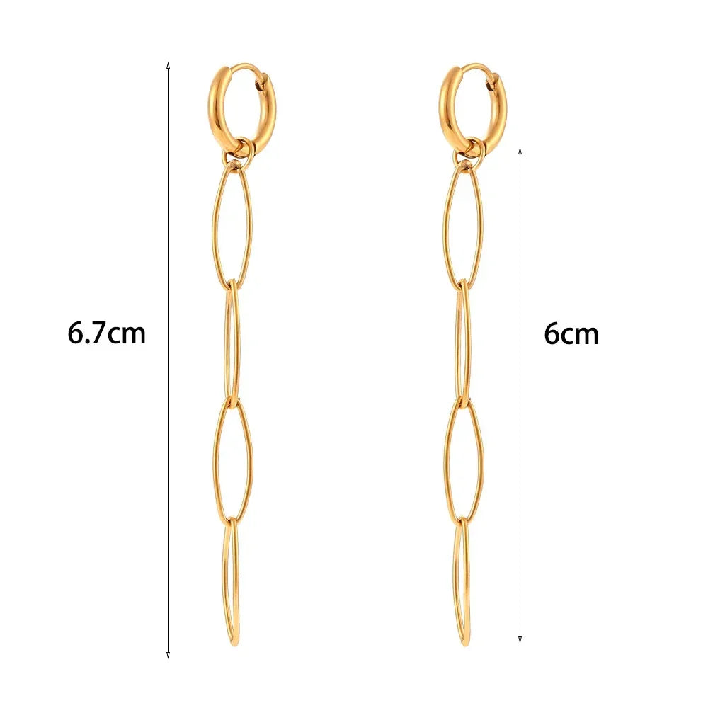 Brincos Elegantes de Ouro 18K com Corrente Oval