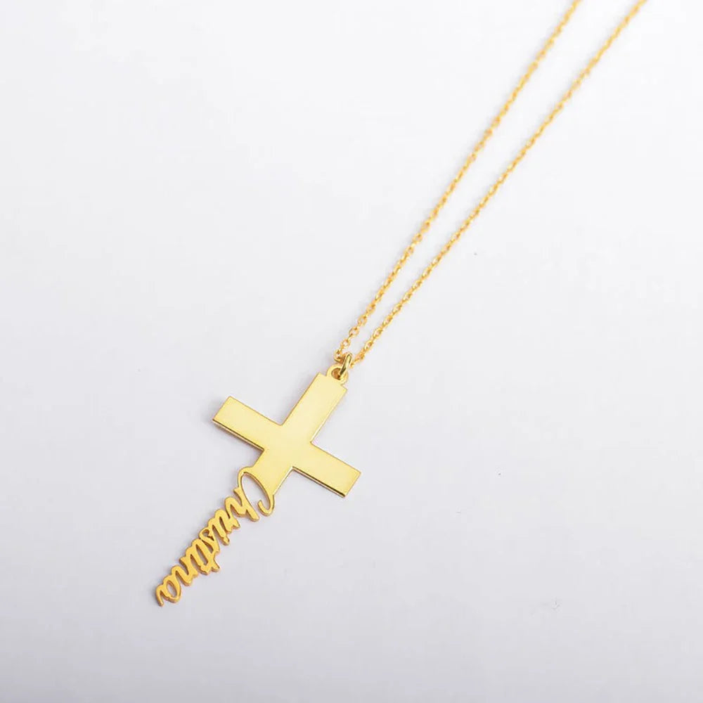 Colar Personalizado Cruz com Nome em Aço Inoxidável e Folhado ouro 18k