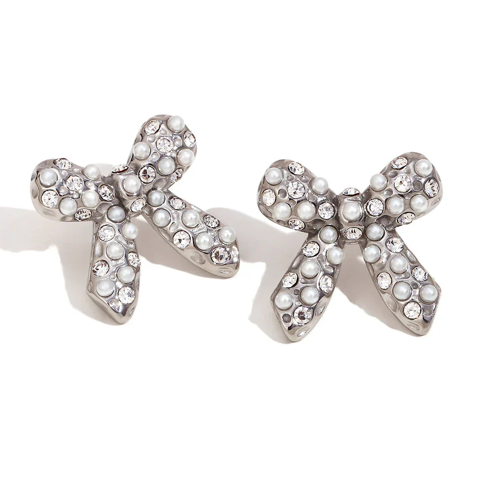 Brincos Elegantes de Laço com Zircônia e Pérolas