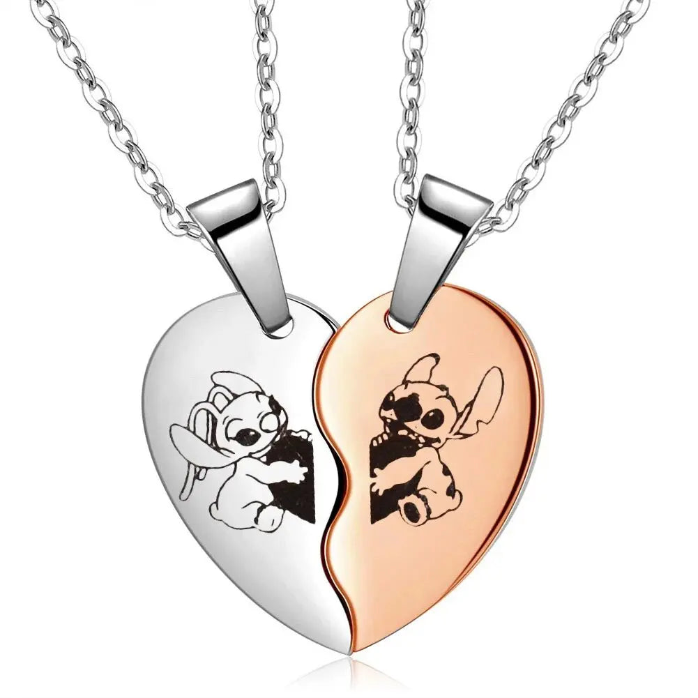 Cute Cartoon Stitch Couple Necklace Stainless Steel Heart Pendant Neck Chain Lovers Best Friends Jewelry Gift