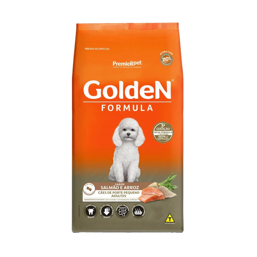 Ração Golden Fórmula Mini Bits Cães Adultos Porte Pequeno Sabor Salmão e Arroz 3Kg
