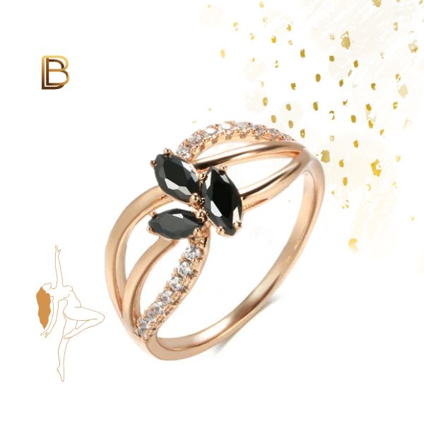 Anel Geométrico de Ouro Rosa 18k com Diamante Preto