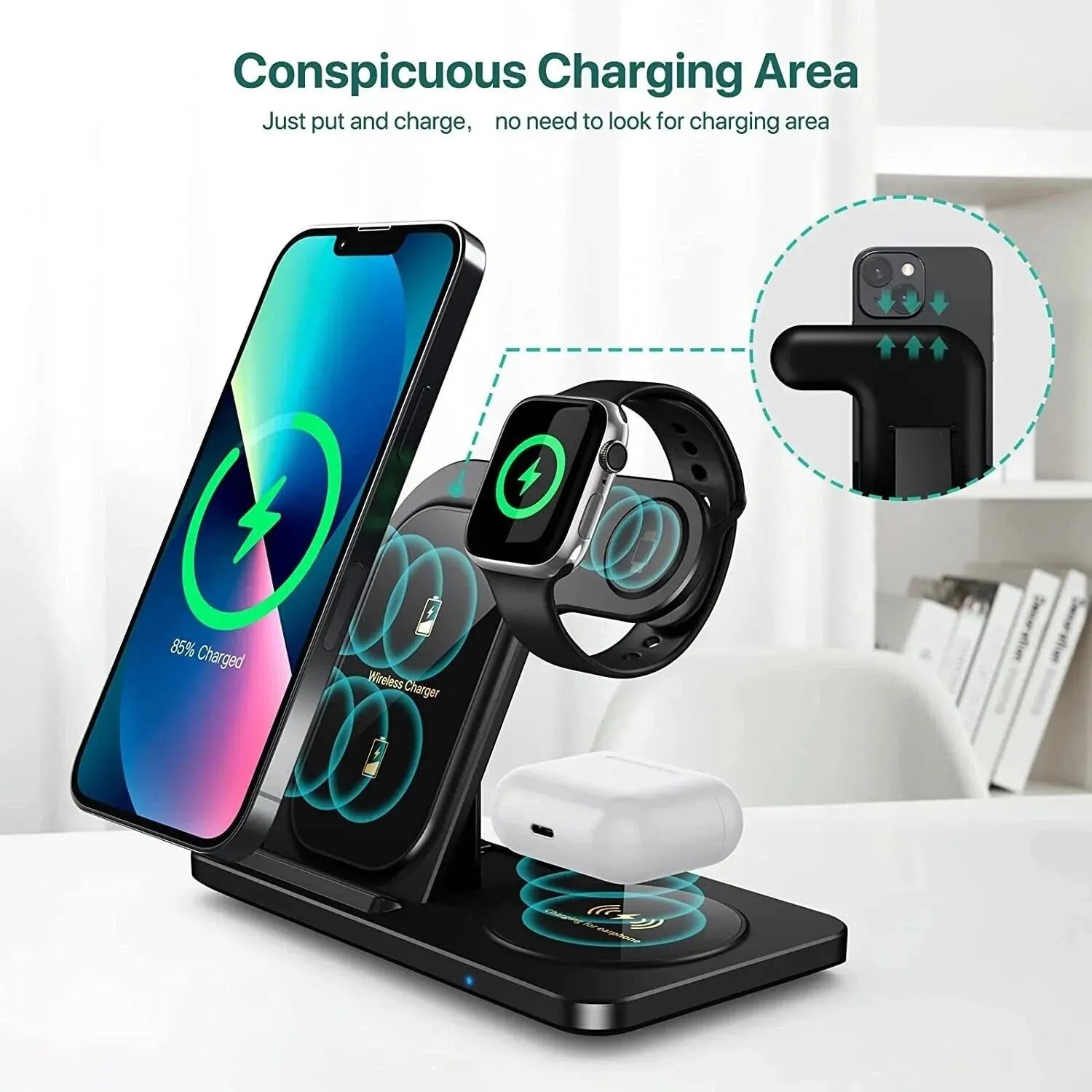 3 em 1 carregador sem fio suporte almofada para iphone 15 14 13 12 x max dobrável estação de carregamento rápido doca para iwatch 8 7 se airpods pro - Tudo Tem