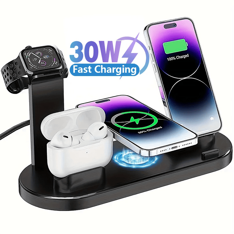 30w 7 em 1 carregador sem fio suporte almofada para iphone 14 13 12 11 xr apple watch airpods pro iwatch 8 7 6 estação doca de carregamento rápido - Tudo Tem