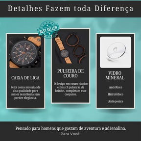 Presente | kit 1 Relógio em Couro + 3 Pulseiras