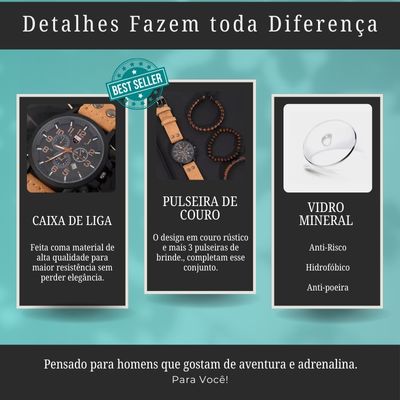 Presente | kit 1 Relógio em Couro + 3 Pulseiras