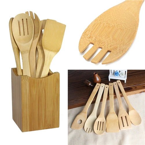 6 peças colher de bambu espátula utensílio de cozinha conjunto de mistura de ferramentas de cozinha de madeira - Tudo Tem