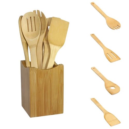 6 peças colher de bambu espátula utensílio de cozinha conjunto de mistura de ferramentas de cozinha de madeira - Tudo Tem