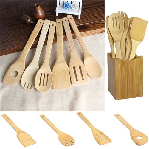 6 peças colher de bambu espátula utensílio de cozinha conjunto de mistura de ferramentas de cozinha de madeira - Tudo Tem