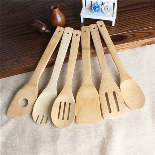 6 peças colher de bambu espátula utensílio de cozinha conjunto de mistura de ferramentas de cozinha de madeira - Tudo Tem