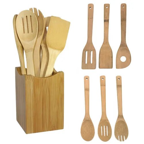 6 peças colher de bambu espátula utensílio de cozinha conjunto de mistura de ferramentas de cozinha de madeira - Tudo Tem