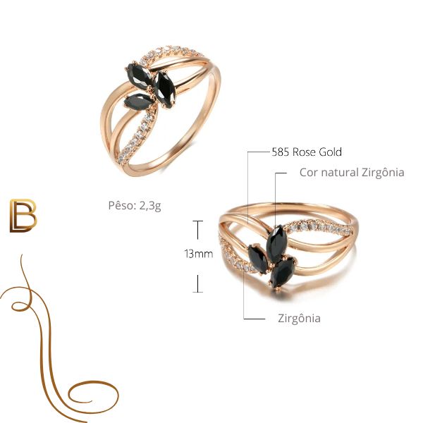 Anel Geométrico de Ouro Rosa 18k com Diamante Preto