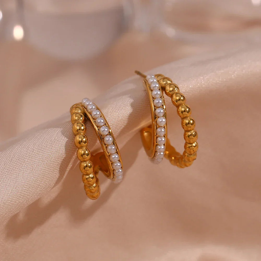 Brincos de Argola Dupla com Pérolas e Ouro