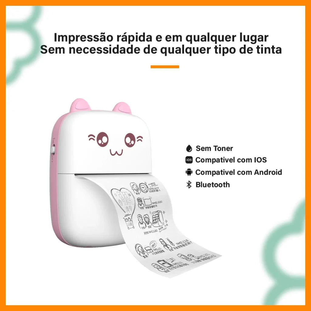 Mini Impressora Térmica Portátil com Formato de Gato