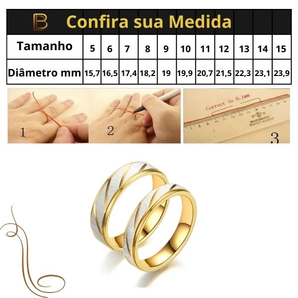 Anéis de Casal em Aço Inoxidável com Listras Douradas