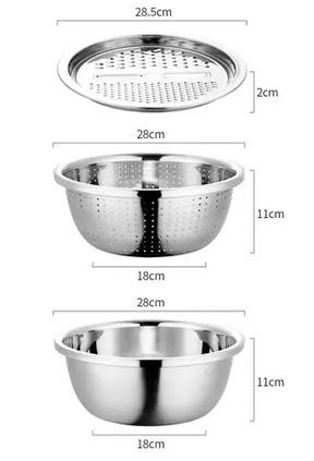 Conjunto de 3 Utensílios de Cozinha - Ralador/Fatiador, Escorredor e Bacia