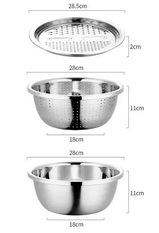 Conjunto de 3 Utensílios de Cozinha - Ralador/Fatiador, Escorredor e Bacia