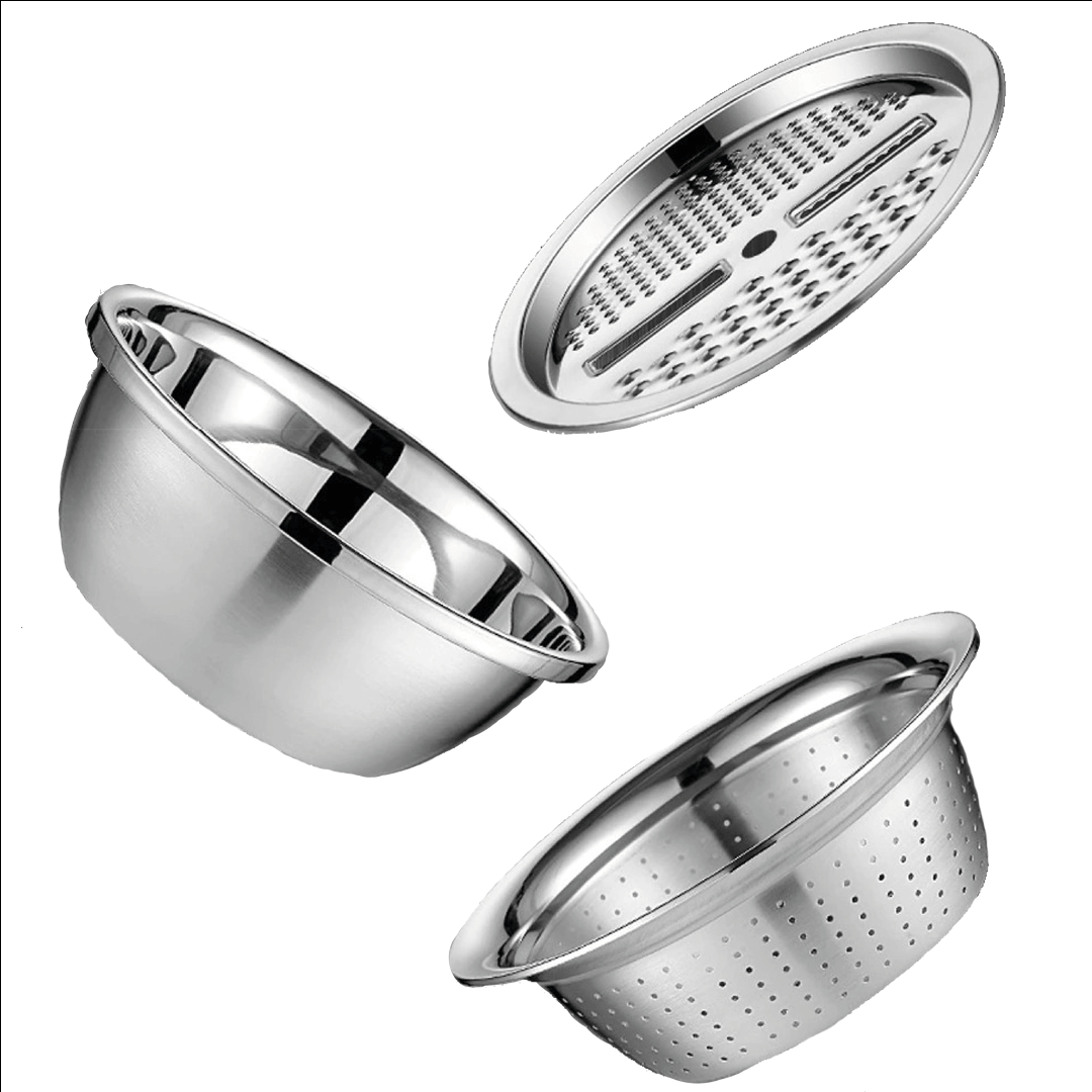 Conjunto de 3 Utensílios de Cozinha - Ralador/Fatiador, Escorredor e Bacia