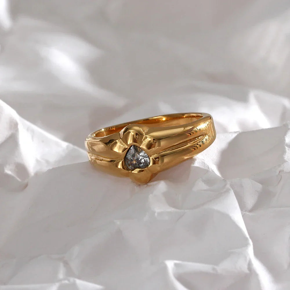 Anel Floral de Ouro com Zircônia para Mulheres