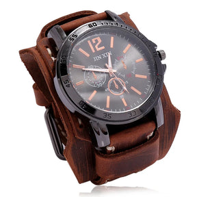 Relógio Masculino com Pulseira Larga de Couro - Estilo PUNK