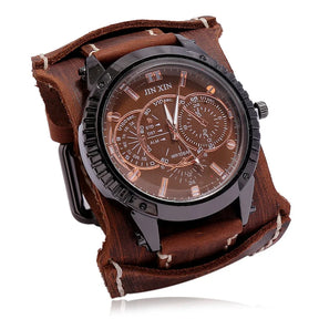Relógio Masculino com Pulseira Larga de Couro - Estilo PUNK