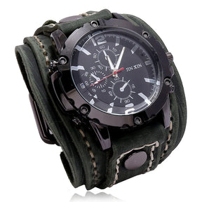 Relógio Masculino com Pulseira Larga de Couro - Estilo PUNK