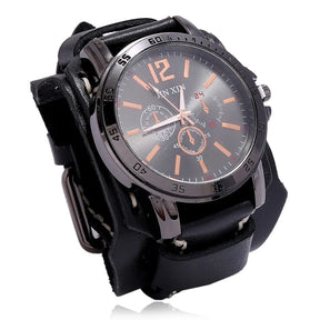 Relógio Masculino com Pulseira Larga de Couro - Estilo PUNK