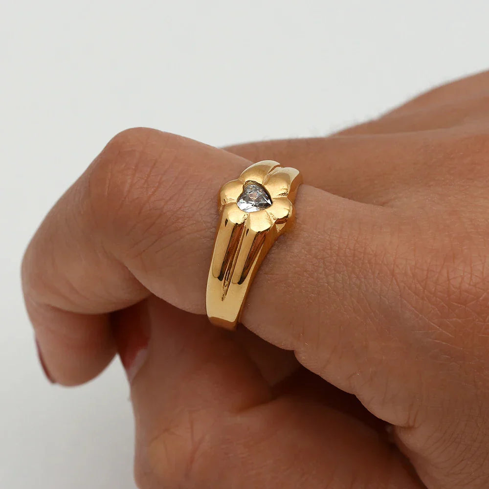 Anel Floral de Ouro com Zircônia para Mulheres