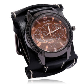 Relógio Masculino com Pulseira Larga de Couro - Estilo PUNK