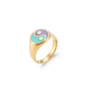 Anel Ying Yang Colorido em Aço Inoxidável Dourado