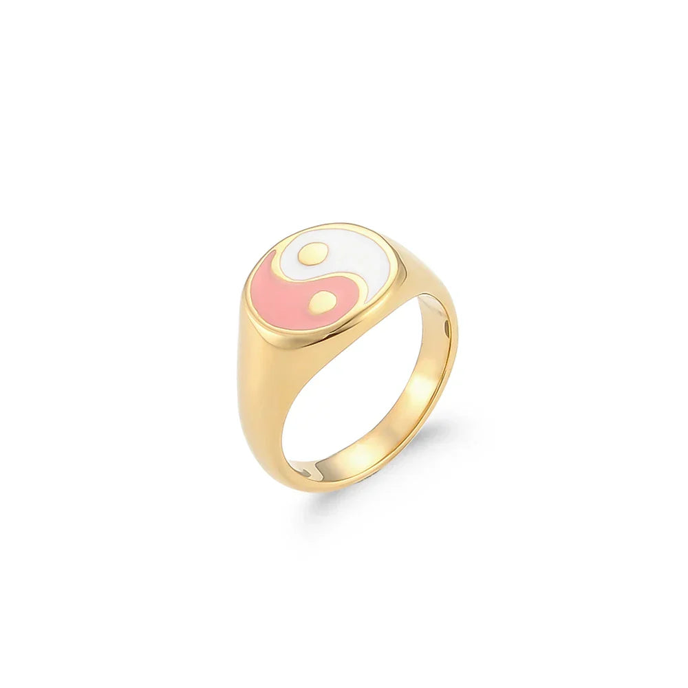 Anel Ying Yang Colorido em Aço Inoxidável Dourado