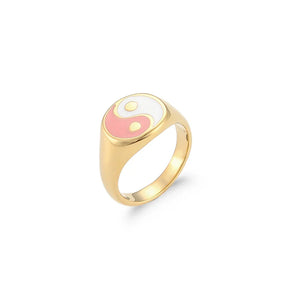 Anel Ying Yang Colorido em Aço Inoxidável Dourado