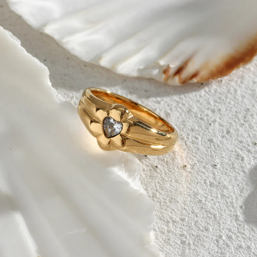 Anel Floral de Ouro com Zircônia para Mulheres