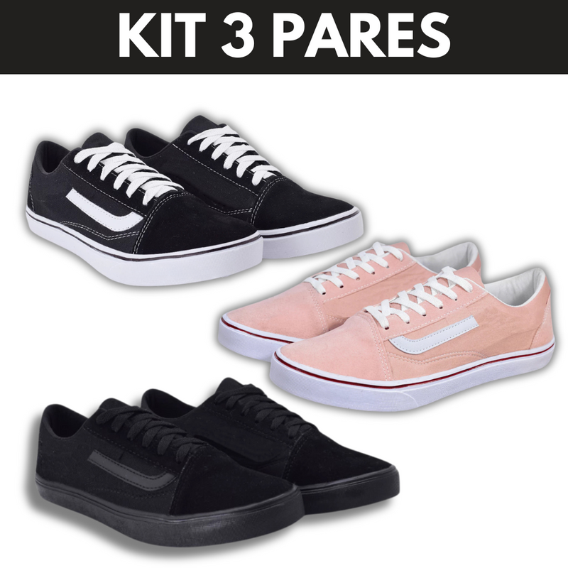 Kit Tênis VANS Skate Old Skool Black White e Rosa  - Unissex - Sola Reta - Confortável