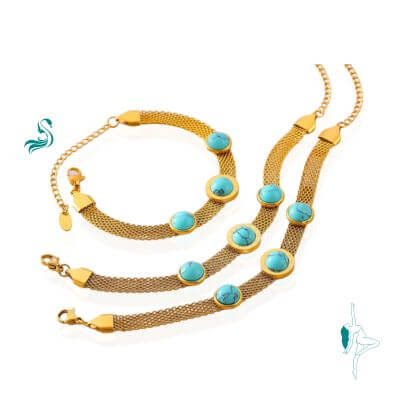 Pulseira Romana Azul Turquesa com Zircônia e Malha Dourada