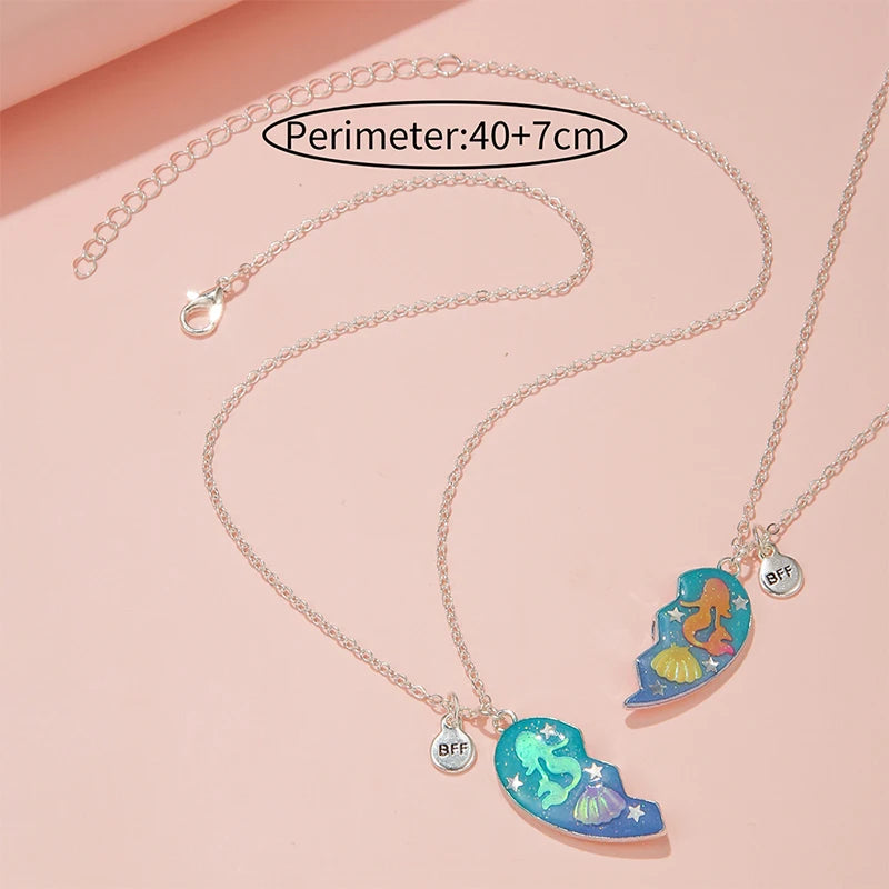 2Pcs/set Ocean Mermaid Shell BFF Necklace Broken Heart Shaped Pendant Necklaces for Girls Best Friend Jewelry Friendship Gift