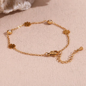 Pulseira Flor de Zircônia e Aço Inoxidável Banhado a Ouro