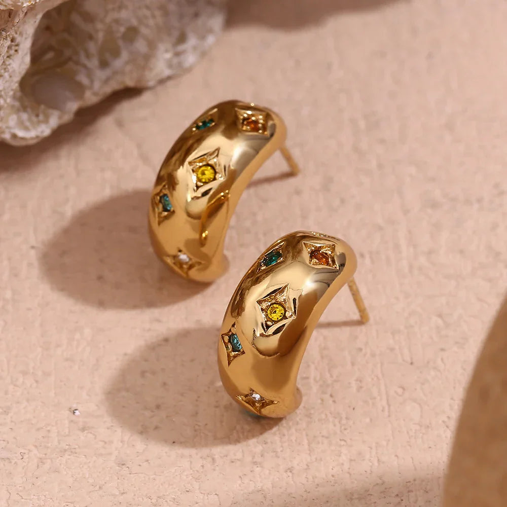 Brincos de Argola com Estrelas e Zircônias Coloridas