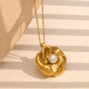 Colar Pingente Flor de Pérola Elegante em Aço Inoxidável 18K