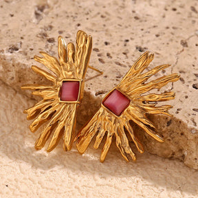 Brincos Elegantes de Ágata Vermelha e Ouro