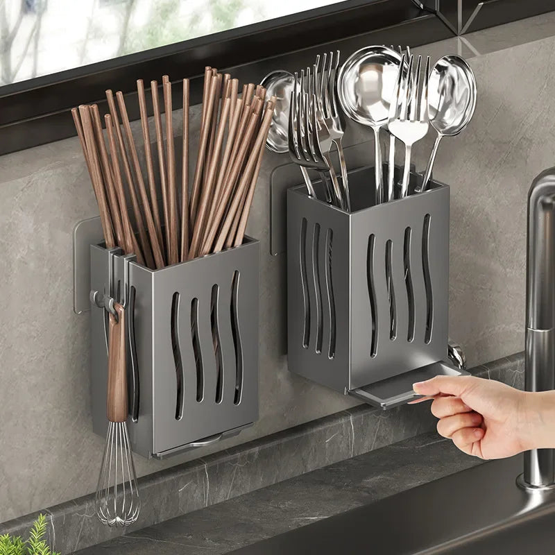 Rack de utensílio de cozinha de 1 peça-suporte de pauzinho de drenagem multifuncional, caixa de armazenamento de talheres de parede ou independente, plástico