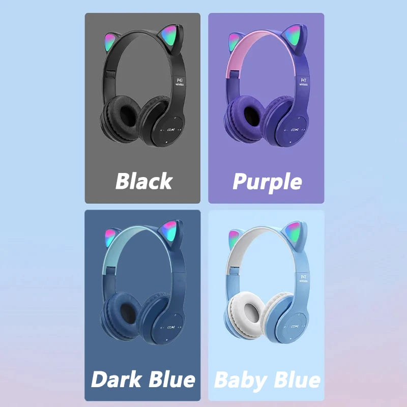 Fones de ouvido sem fio p47m, lanterna, orelhas de gato, telefone com controle de microfone, led, música estéreo, capacete, fone de ouvido bluetooth, presente kids