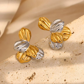 Brincos Elegantes de Folhas Bicolores em Aço Inoxidável