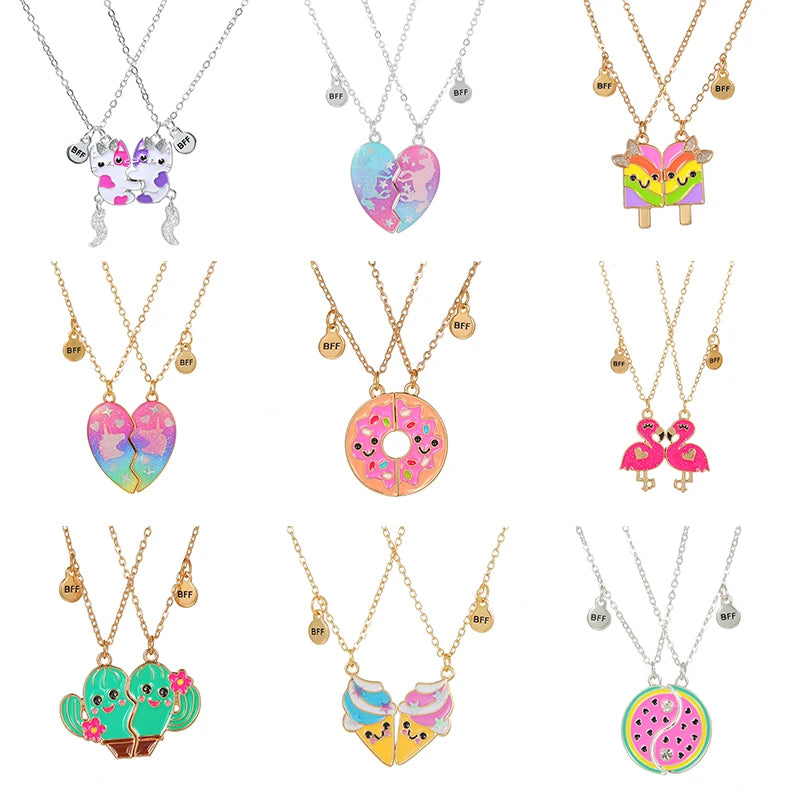 Summer Style 2pcs/set Heart Unicorn Cat Animal Pendant BFF Necklace for 2 Best Friends Girls Friendship Gifts