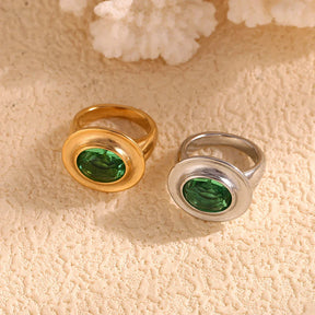 Anel Oval de Zircônia Verde em Aço Inoxidável 18k