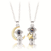 2Pcs/Set Creative Star Moon Astronaut Pendant Couple Necklace For Women Men 100 Languages I Love You Projection Choker Jewelry